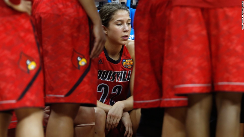 Jude Schimmel of Louisville sits on the bench near the end of the game against UCONN on April 9.