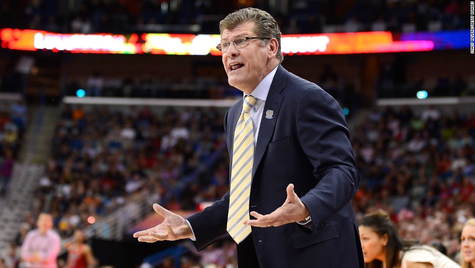 UCONN head coach Geno Auriemma reacts to a play during the championship game against Louisville on April 9.