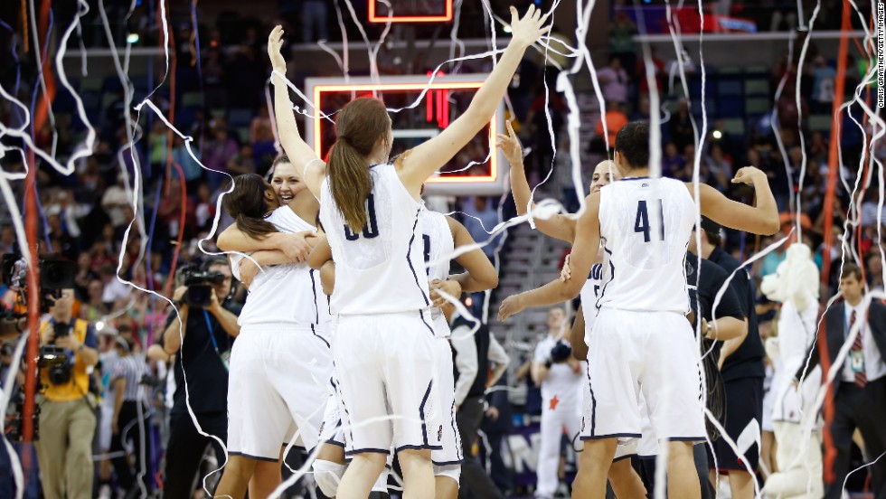 Streamers fall as the Connecticut Huskies celebrate their championship win over Louisville on April 9.