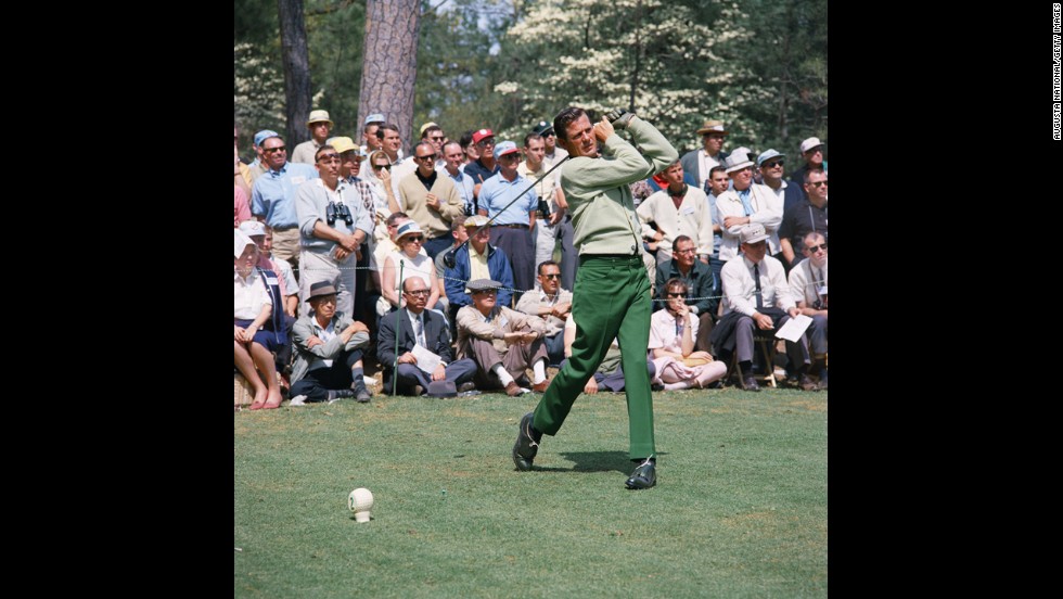Doug Sanders, one of golf&#39;s earliest flamboyant dressers, tees off on the second hole during the 1966 Masters. His knack for lively fabrics earned him the nickname &quot;Peacock of the Fairways.&quot;