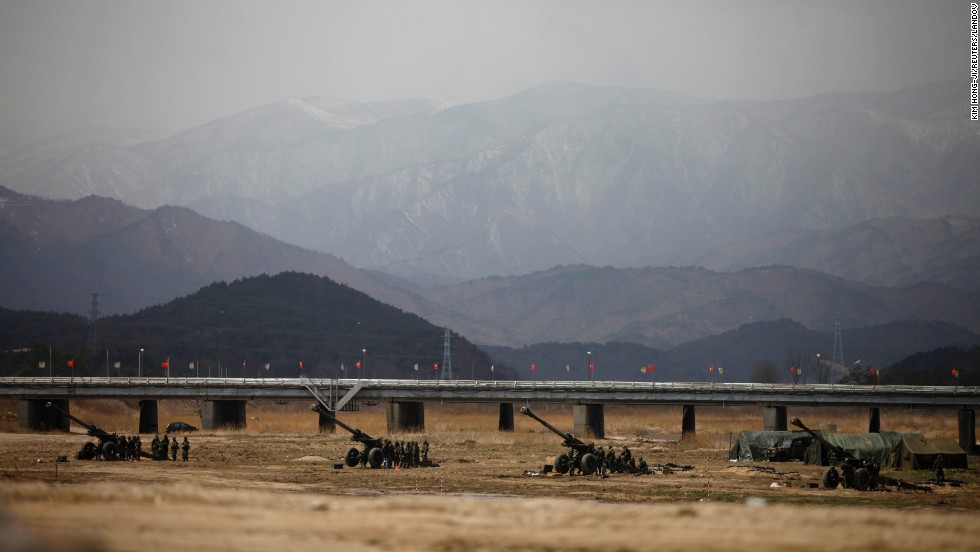 South Korean soldiers participate in an artillery drill as part of the Foal Eagle joint military exercise by U.S. and South Korean forces near the Demilitarized Zone in Goseong on April 9.