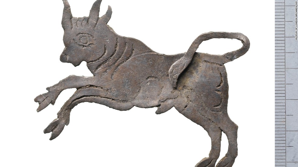 A Roman bull plaque. Ten thousand accessioned finds have been discovered at the site. This is the largest assemblage of small finds to have ever been recovered on a single excavation in London.