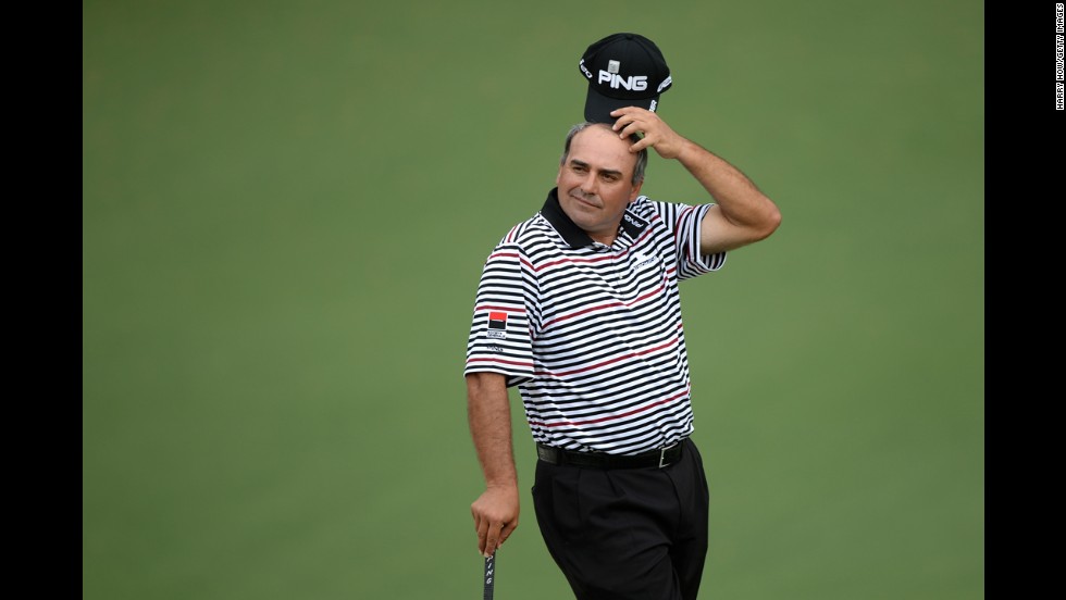Argentina&#39;s Angel Cabrera appears disappointed after missing a putt on the second hole on April 12.