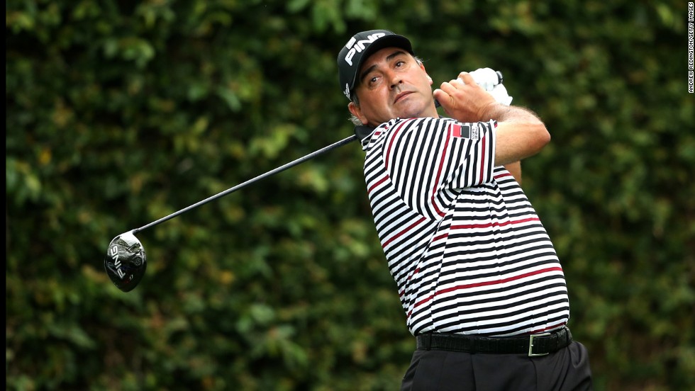 Angel Cabrera of Argentina hits a tee shot on the second hole during the second round.