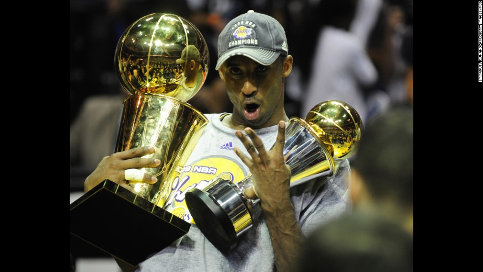 Bryant celebrates after game five of the NBA Finals against the Orlando Magic at Amway Arena on June 14, 2009, in Orlando. The Lakers won 99-86 for their 15th title and first since 2002. Bryant had 30 points, 8 rebounds and 6 assists as the Lakers completed a four-games-to-one victory in the best-of-seven NBA Finals.
