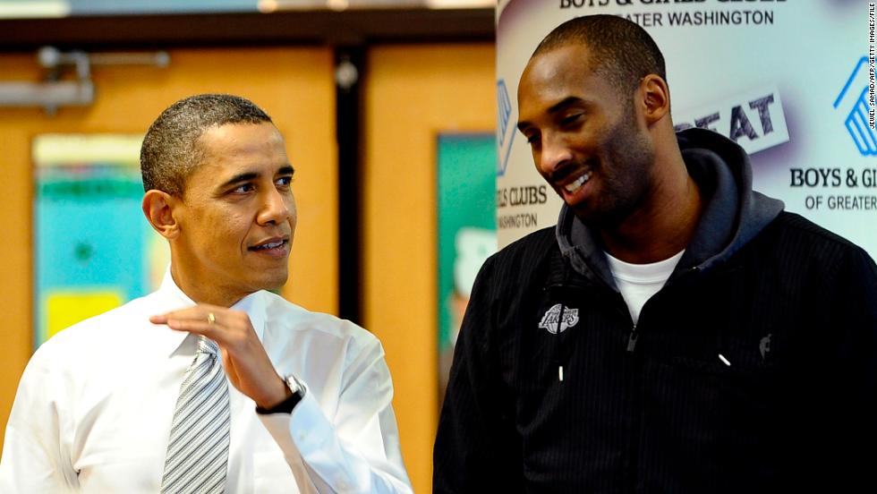 US President Barack Obama chats with Bryant at a Boys and Girls Club in Washington in 2010. Obama welcomed the Lakers to honor their 2009-2010 season and their second consecutive NBA championship. 