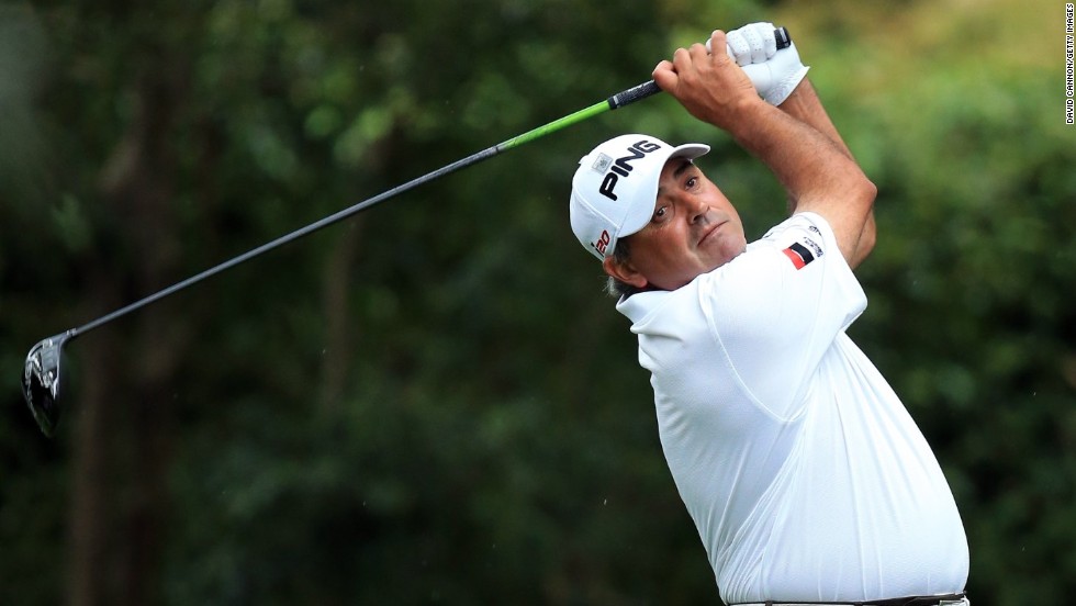 Angel Cabrera of Argentina tees off on the second hole.
