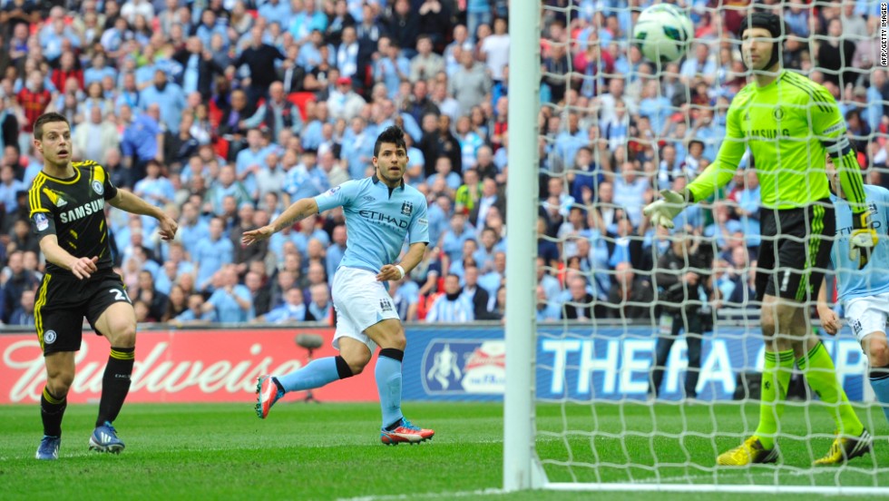 Sergio Aguero&#39;s looping header just two minutes after the interval doubled City&#39;s lead as Roberto Mancini&#39;s men took complete control of the contest.