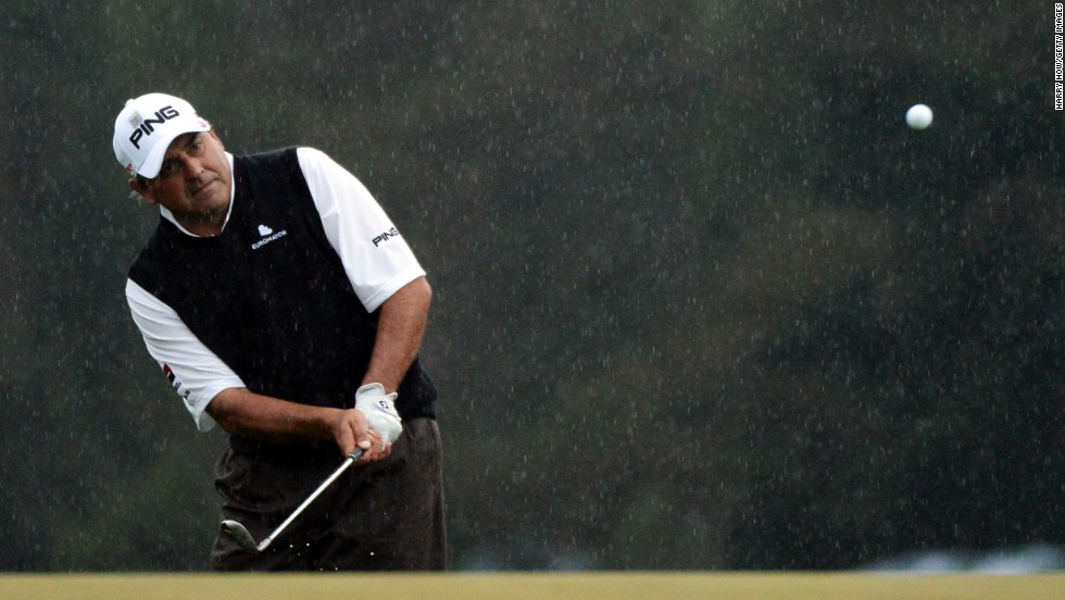Angel Cabrera chips on the first sudden-death playoff hole.
