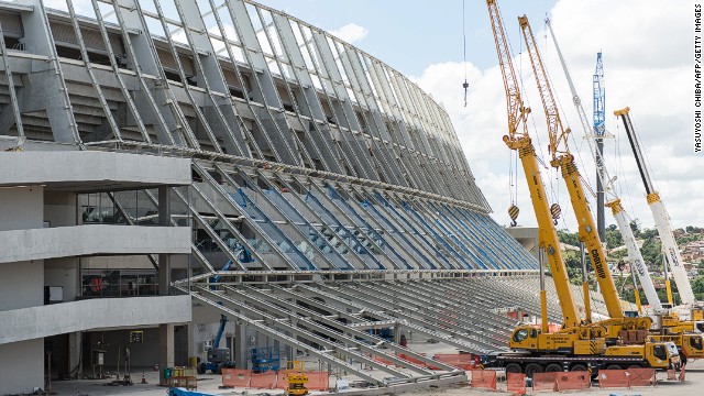 The rush to open Recife&#39;s stadium ahead of FIFA&#39;s deadline is revealed by the cranes outside the Arena Pernambuco on Sunday