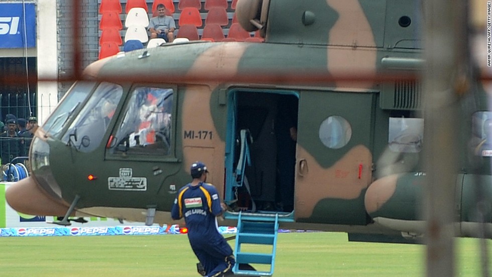 Sri Lanka&#39;s national cricket team was evacuated by helicopter during its tour to Pakistan in 2009 after seven people were killed when the team bus was attacked in Lahore.
