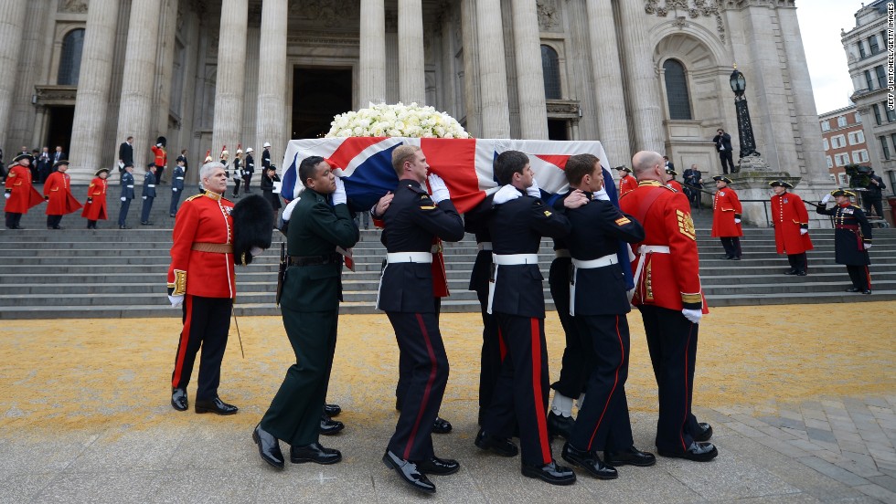 Members of the British armed services carry the coffin of former &lt;a href=&quot;http://www.cnn.com/2013/04/17/world/europe/uk-margaret-thatcher-funeral/index.html&quot;&gt;Prime Minister Margaret Thatcher&lt;/a&gt; away from St Paul&#39;s Cathedral in London after a ceremonial funeral on Wednesday, April 17. Thatcher, 87, died after a stroke on April 8. She was prime minister from 1979 to 1990.