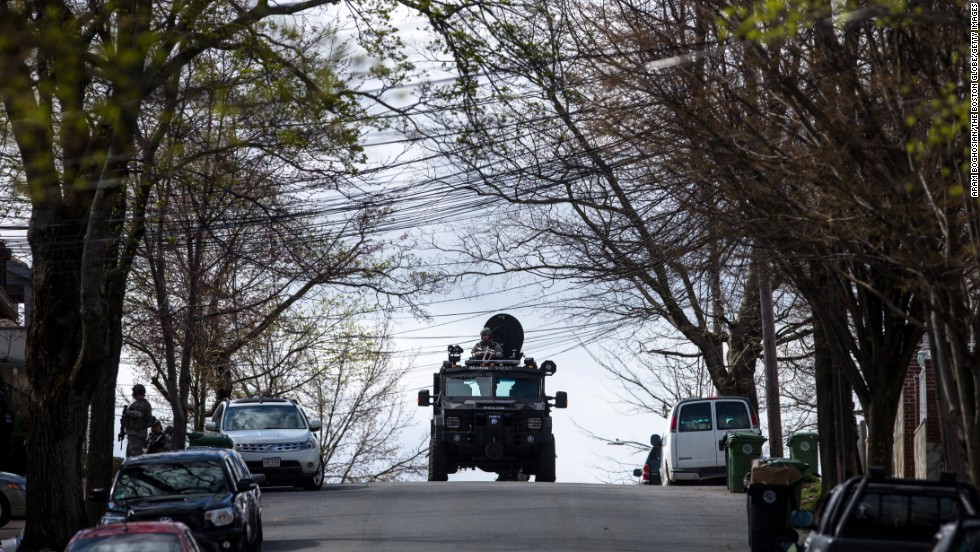 SWAT teams searches homes along Winsor Avenue in Watertown on April 19.