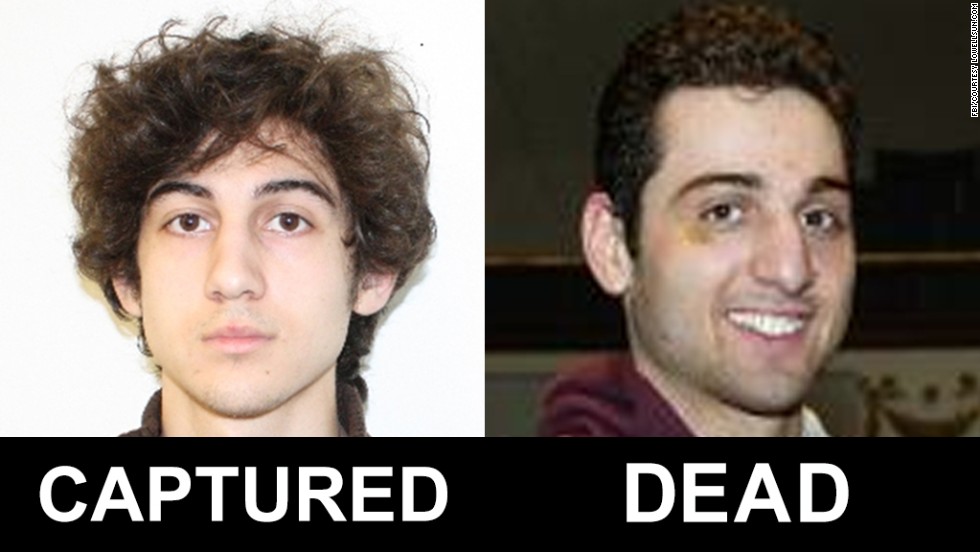 The FBI released photos and video on April 18, 2013, of two men identified as Suspect 1 and Suspect 2 in the deadly bombings at the Boston Marathon. They were later identified as Dzhokhar Tsarnaev, 19, and his brother Tamerlan Tsarnaev, 26.