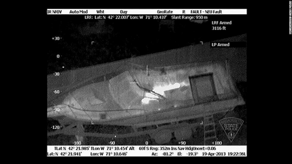 Special imaging techniques employed by Massachusetts State Police reveal Boston Marathon bombing suspect Dzhokhar Tsarnaev hiding in a boat in a backyard in Watertown on April 19.