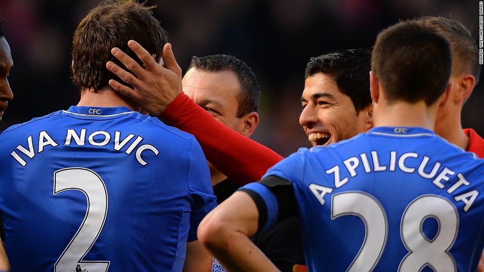 Suarez then laughingly pats Ivanovic on the head after the Serbian complains to referee Kevin Friend.