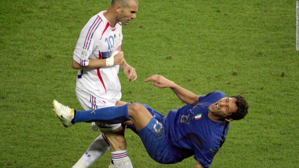 Zinedine Zidane. a world and European champion and a three-time FIFA World Player of the Year, ended his career in infamy at the 2006 World Cup. With the scores level at 1-1 in the final between France and Italy, the playmaker headbutted Italy&#39;s Marco Materazzi and was given a straight red card. France went on to lose the match on penalties and Zidane never played again. Materazzi later admitted to provoking Zidane by making remarks about his mother and sister.