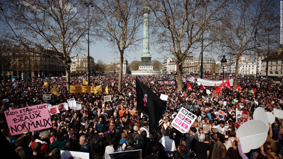 Supporters of gay marriage gather on Sunday.