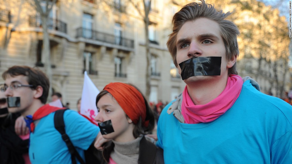 Opponents of same-sex marriage protest at the National Assembly in Paris on April 23.