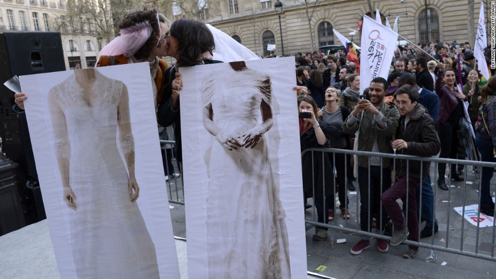 Supporters cheer in front of the Paris City Hall on April 23.  If the measure is enacted, France would be the ninth country in Europe to allow same-sex marriage.