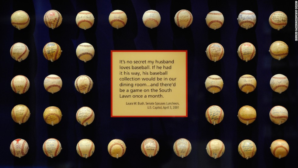 President George W. Bush&#39;s baseball collection is on display in the center.