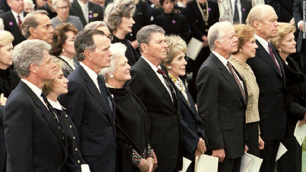 Bill Clinton, George H.W. Bush, Ronald Reagan, Jimmy Carter and Gerald Ford all attended the funeral of President Richard Nixon in Yorba Linda, California, on April 27, 1994.