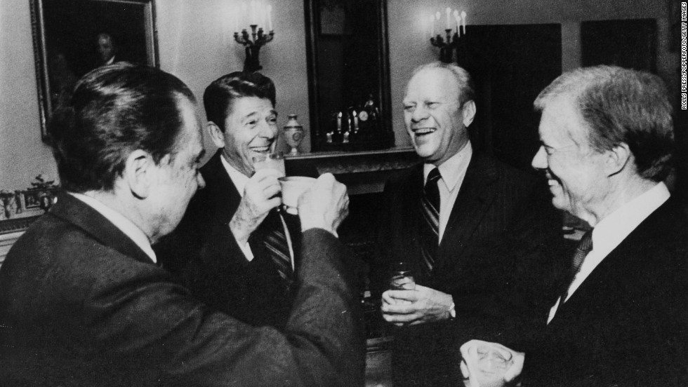 Richard Nixon, Ronald Reagan, Gerald Ford and Jimmy Carter share a light moment in 1981.