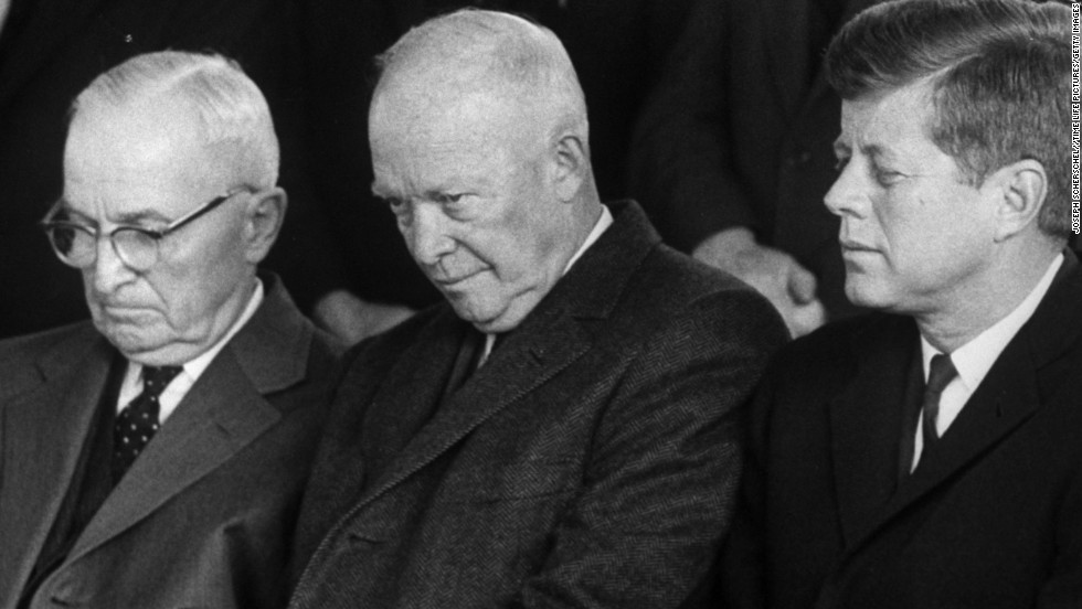 Harry S. Truman, Dwight D. Eisenhower and John F. Kennedy sit together at House Speaker Samuel Rayburn&#39;s funeral in November 1961.