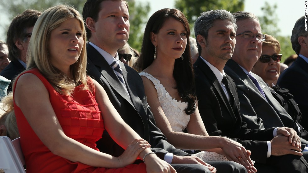 George W. Bush&#39;s daughter Jenna Bush Hager, her husband Henry Hager, sister Barbara Bush, her boyfriend Miky Fabrega, former governor of Florida Jeb Bush, and his wife Columba Bush attend the opening ceremony.