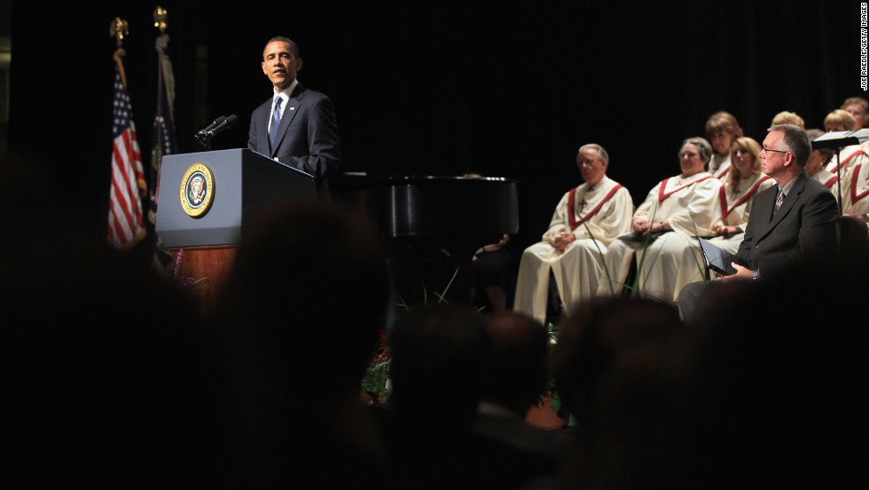 Obama speaks on the campus of Missouri Southern State University after a tornado ripped through Joplin, Missouri, in May 2011, killing 158 people.