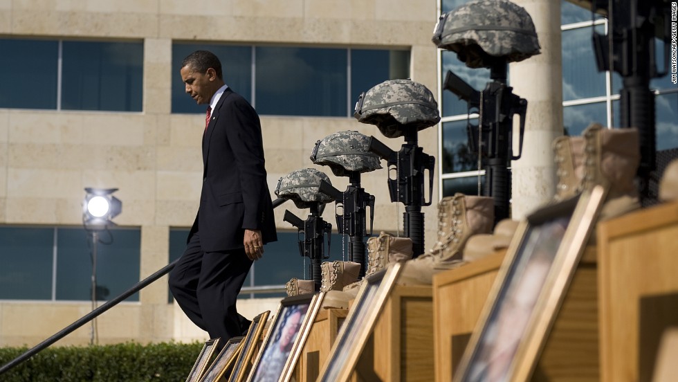 Thirteen people were shot and killed by Maj. Nidal Hasan at Fort Hood in November 2009. Speaking to an estimated 15,000 people at a memorial service, Obama called the act &quot;incomprehensible&quot; and vowed that justice would be done.