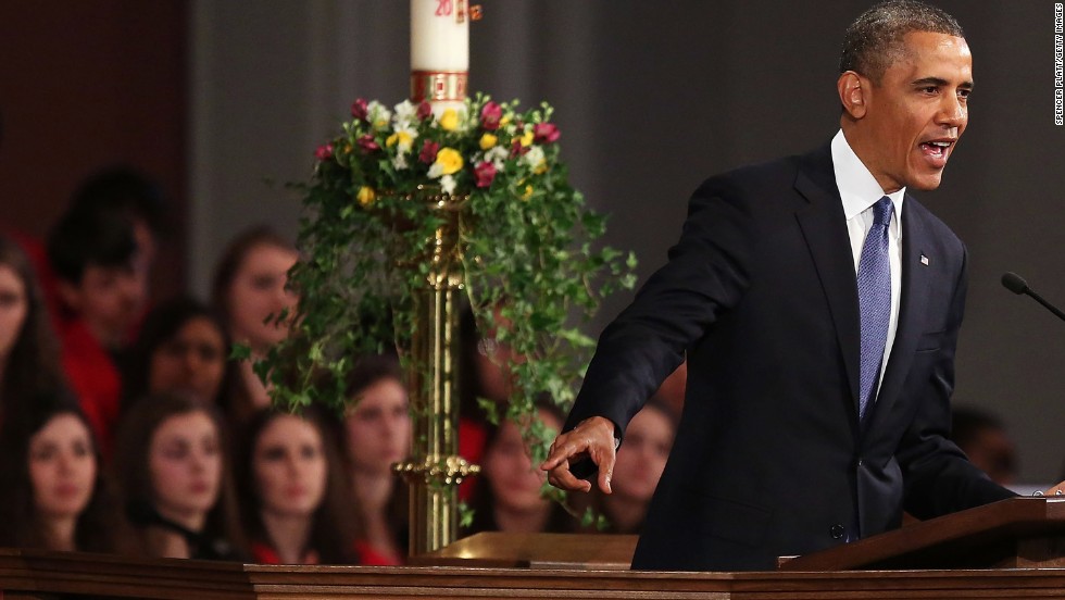 Obama speaks at the Cathedral of the Holy Cross following the Boston Marathon bombings that killed three people and injured at least 264 in April 2013. Suspect Tamerlan Tsarnaev was killed during an encounter with police, and his brother, Dzhokhar Tsarnaev, was sentenced to death.