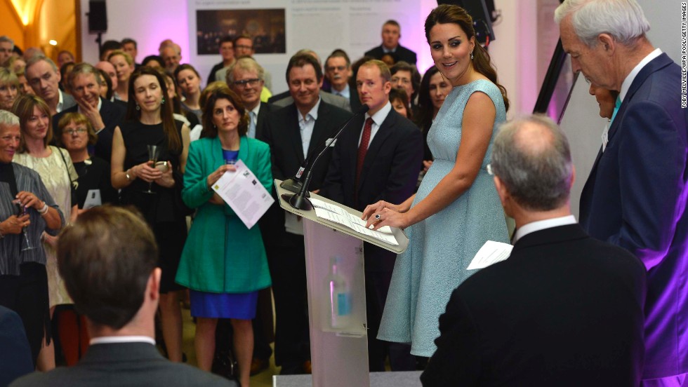 Catherine speaks during a reception at the National Portrait Gallery on April 24 in London. 