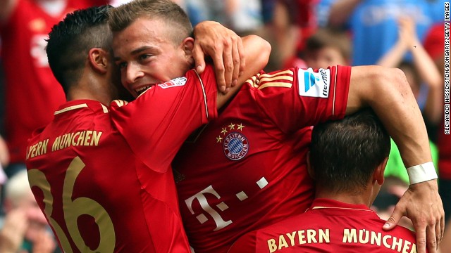 Xherdan Shaqiri (center) celebrates scoring Bayern Munich&#39;s winning goal against Freiburg at the Allianz Arena. 