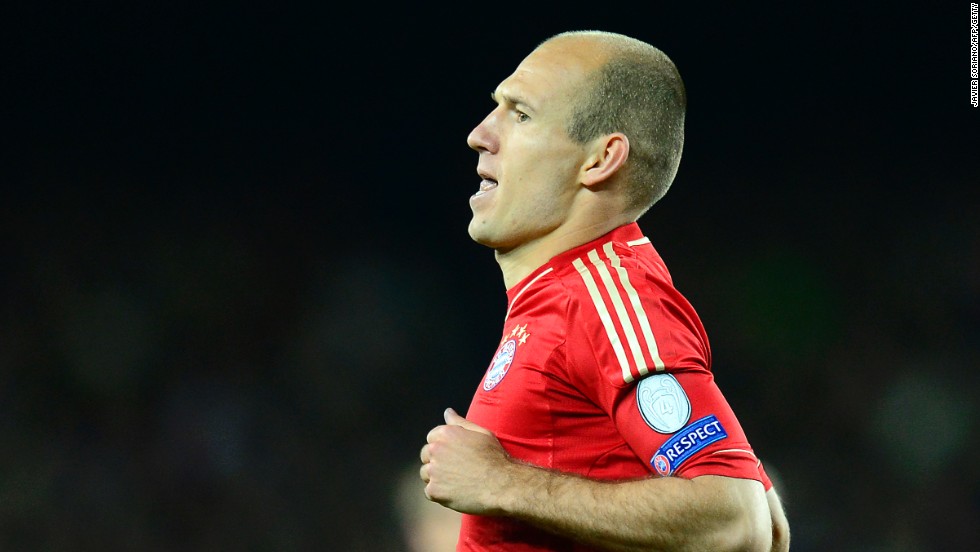Robben wheels away after his superb opener for Bayern in the 3-0 second leg win over Barcelona. 