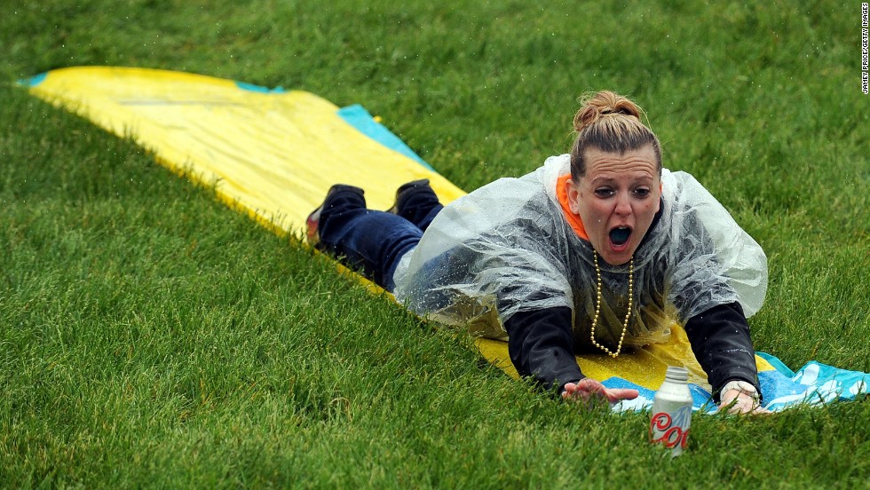 The wet weather made for a perfect excuse to break out a Slip-N-Slide on the infield.