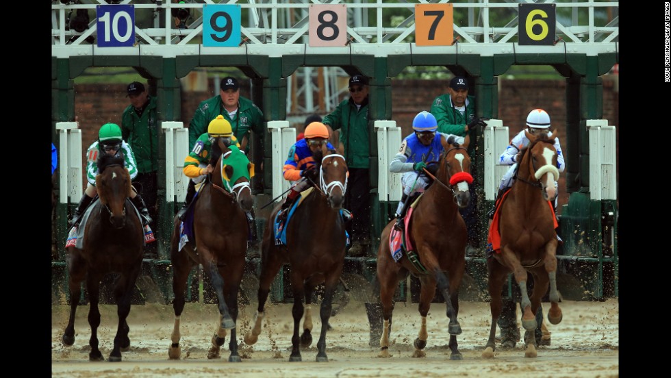 The horses burst through the gate at the start of the Kentucky Derby.