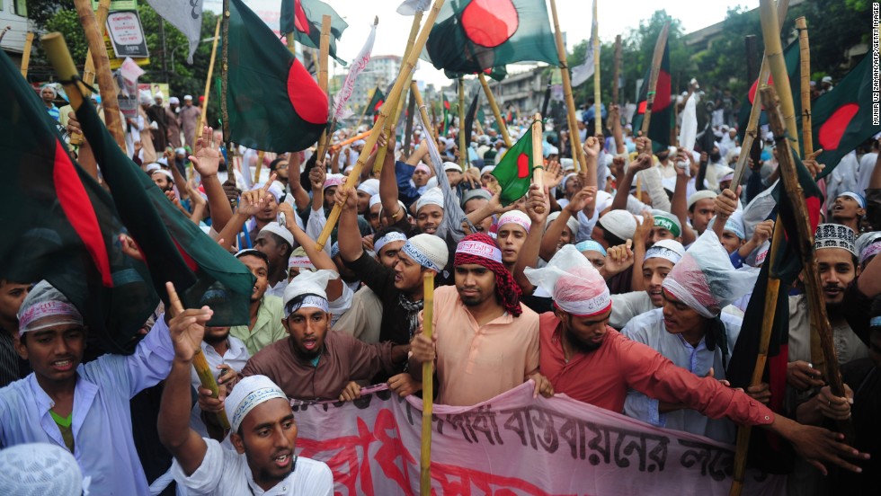 Islamist protesters gather on a highway at an entry point to the city as as part of their protest in Dhaka, Bangladesh, on Sunday, May 5. 