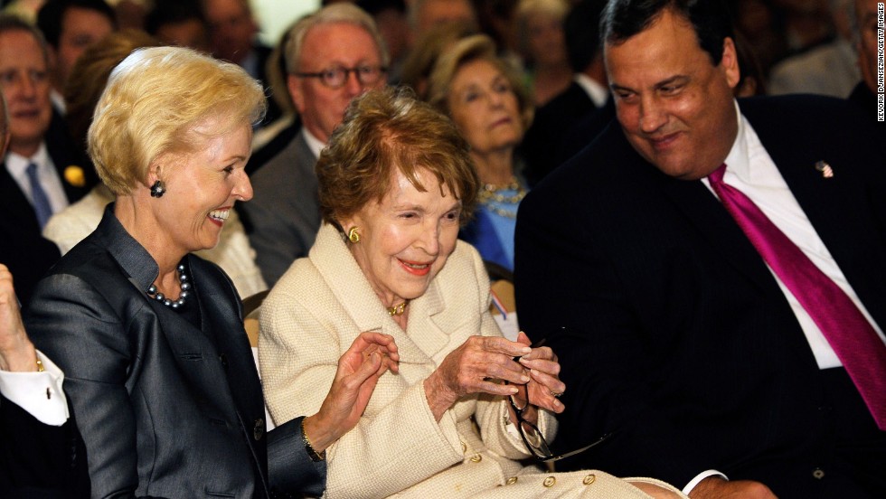 Former first lady Nancy Reagan, center, is recognized before Christie delivers remarks at the Reagan Library on September 27, 2011, in Simi Valley, California.