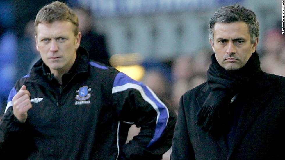 Jose Mourinho, who is now Real Madrid coach, and Moyes look on during the FA Cup fourth round match between Everton and Chelsea at Goodison Park in January 2006 in Liverpool. Both men were potential candidates to replace Ferguson, before Moyes agreed a six-year deal with United.