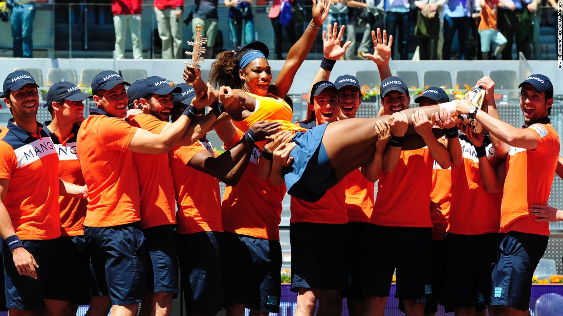 Williams celebrates after winning the Madrid Open final against  Maria Sharapova in 2013.
