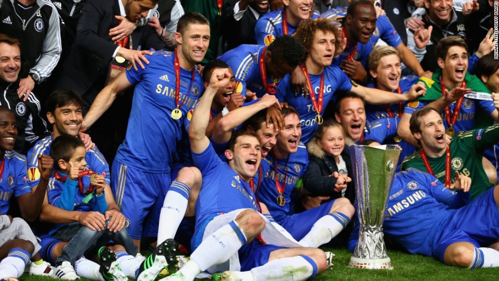 One year on from winning the Champions League, Chelsea&#39;s players celebrate with the Europa League trophy.