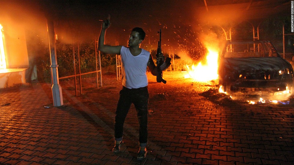Demonstrators set the &lt;a href=&quot;http://www.cnn.com/2012/11/09/world/africa/libya-benghazi-timeline/index.html&quot;&gt;U.S. Consulate compound in Benghazi, Libya,&lt;/a&gt; on fire on September 11, 2012. The U.S. ambassador and three other U.S. nationals were killed during the attack.