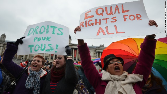 Demonstration for equal rights for gay couples in Trafalgar Square cental London on March 24, 2013.