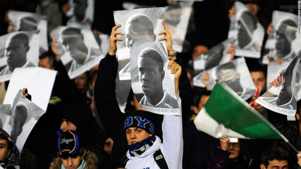 Balotelli has had to deal with racism throughout his career. As far back as 2009, when he played for Inter, he was racially abused by opposing Juventus fans. Here, Inter&#39;s fans hold up banners in support of the striker.