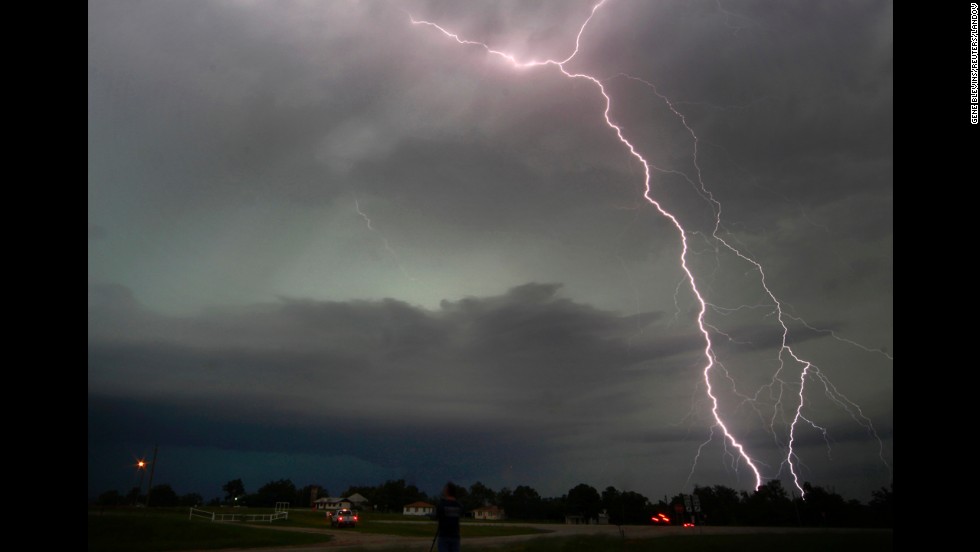 Lightning from a tornadic thunderstorm strikes in Cushing, Oklahoma, on May 31.