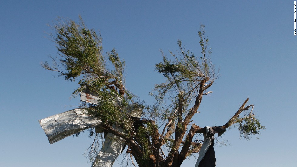 High winds left sheet metal wrapped around the branches of this tree along Route 66 in El Reno on June 1.