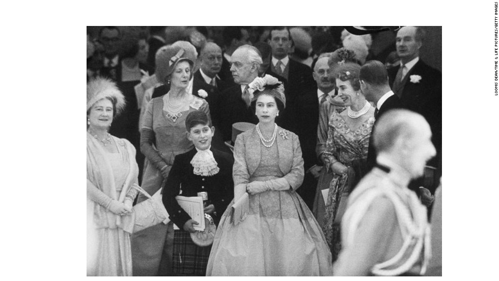 Queen Mother Elizabeth, from left, Prince Charles and Queen Elizabeth II attend Princess Margaret&#39;s wedding in 1960.