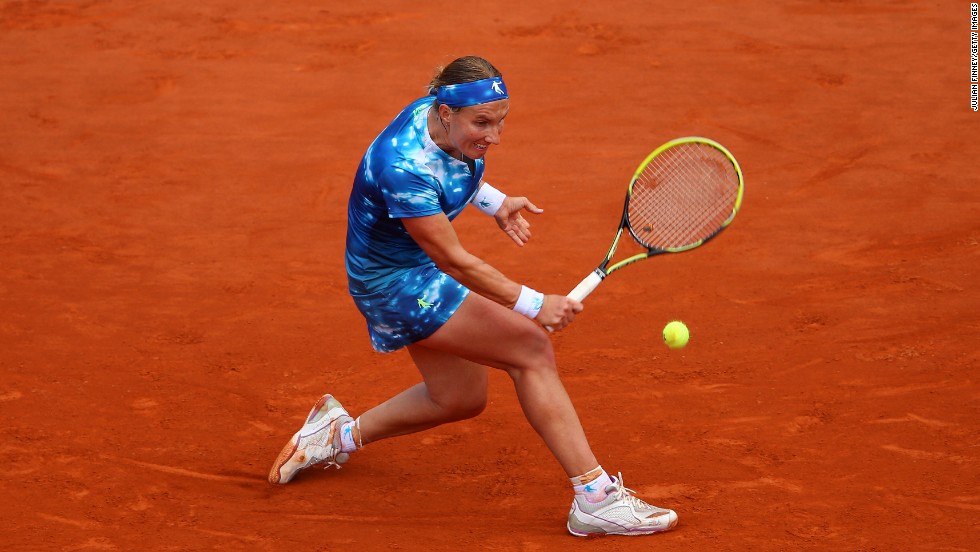 Kuznetsova hits a backhand during her match against Kerber on June 2.