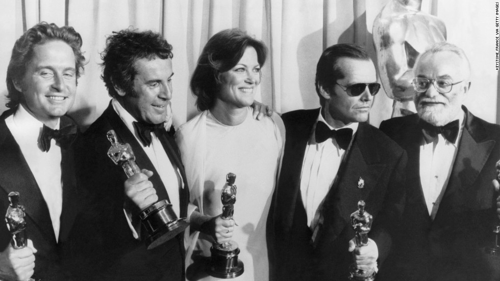 From left, producer Michael Douglas, director Milos Forman, actress Louise Fletcher, actor Jack Nicholson and producer Saul Zaentz, hold Oscars at the 43th Academy Awards for the 1975 film, &quot;One Flew Over the Cuckoo&#39;s Nest.&quot; Douglas has been nominated for and won two Academy Awards.